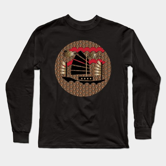 Japanese Waves Crest Copper Design Long Sleeve T-Shirt by Nobiya